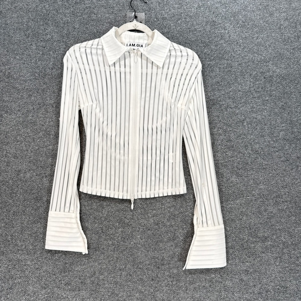 I.AM.GIA Shirt Womens Small White Sheer Striped Zip Up Collared Long Sleeve Slim